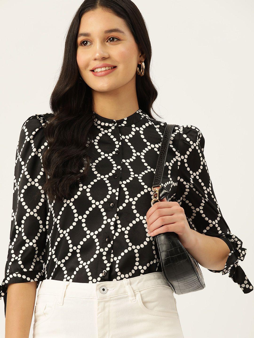 dressberry black & white geometric print slit sleeve shirt style top