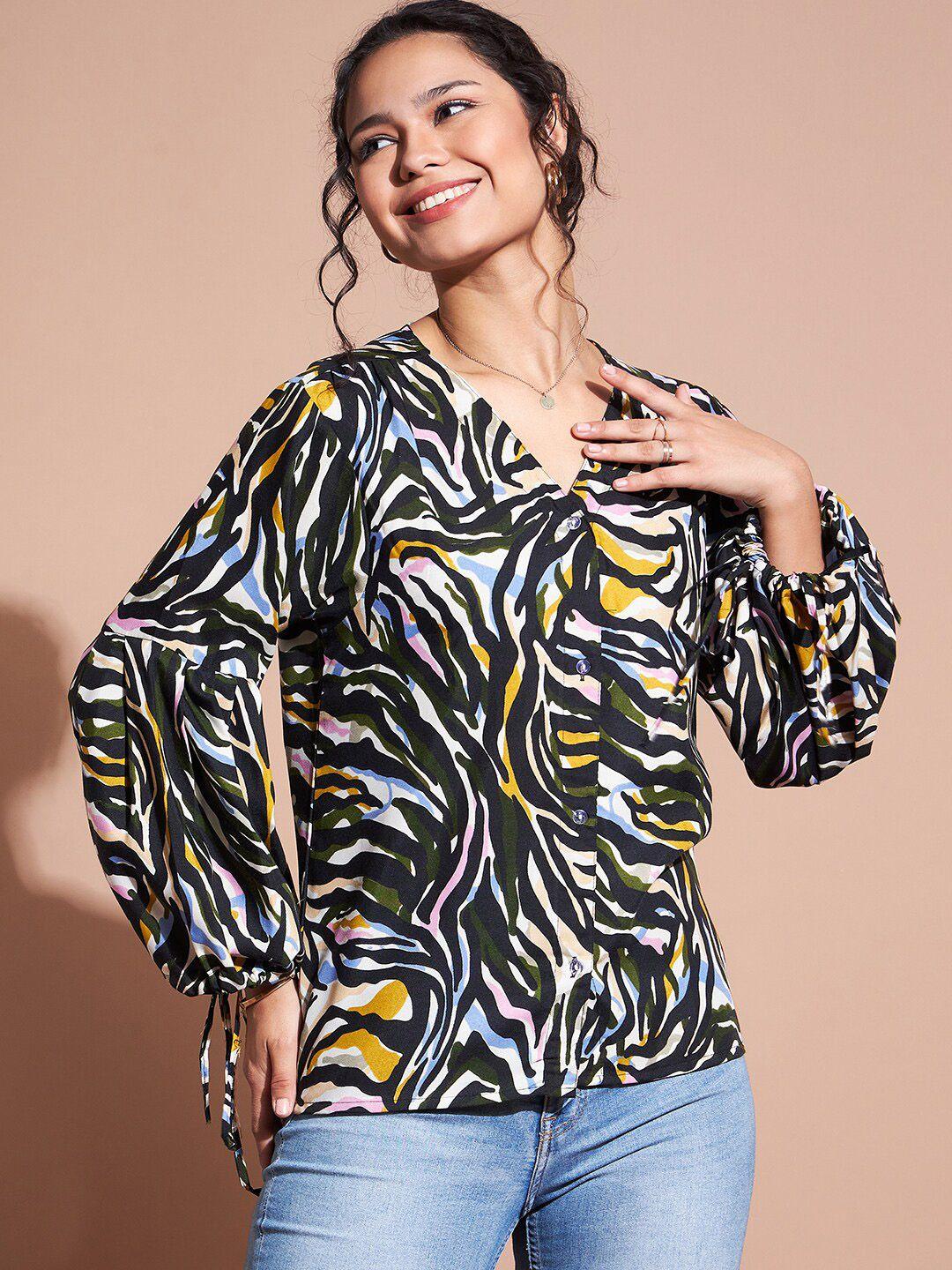 dressberry black animal printed puff sleeves regular top