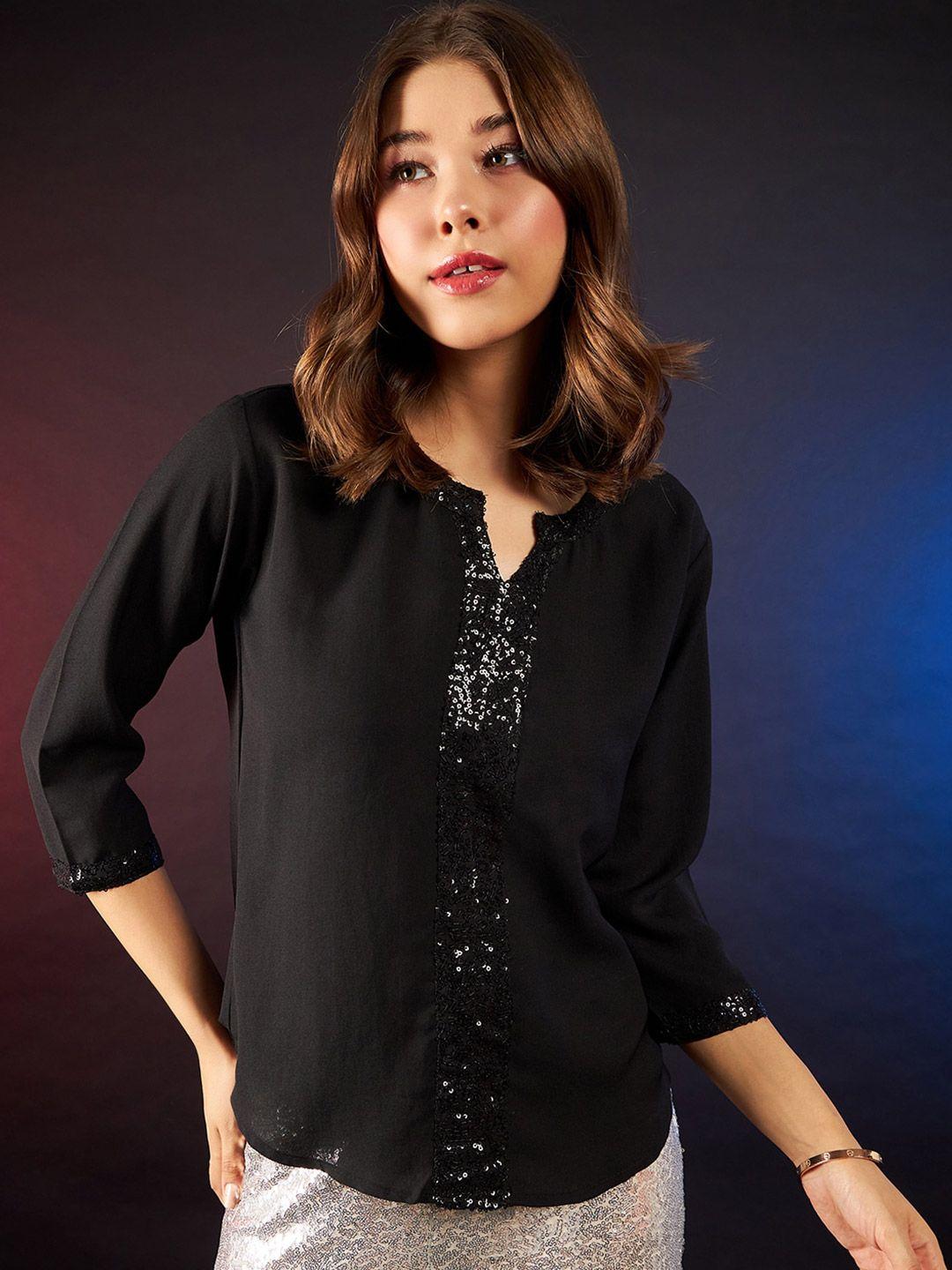 dressberry black embellished notched round neck top