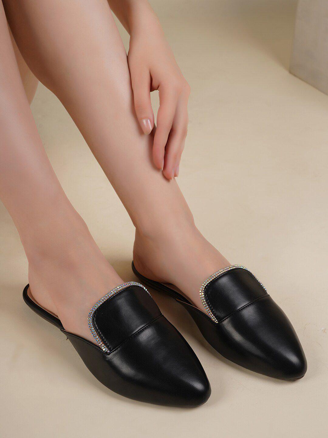 dressberry black embellished pointed toe mules