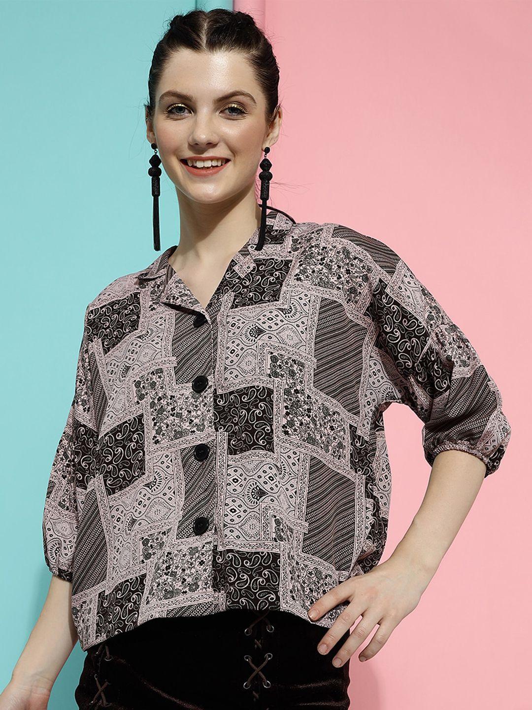 dressberry black ethnic motifs printed lapel collar crepe shirt style top