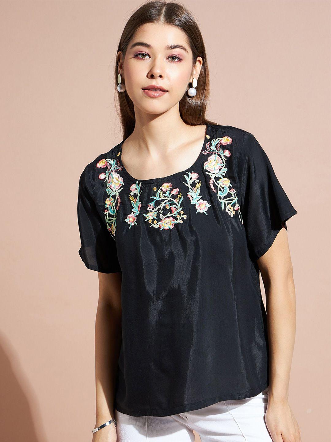 dressberry black floral embroidered round neck regular top