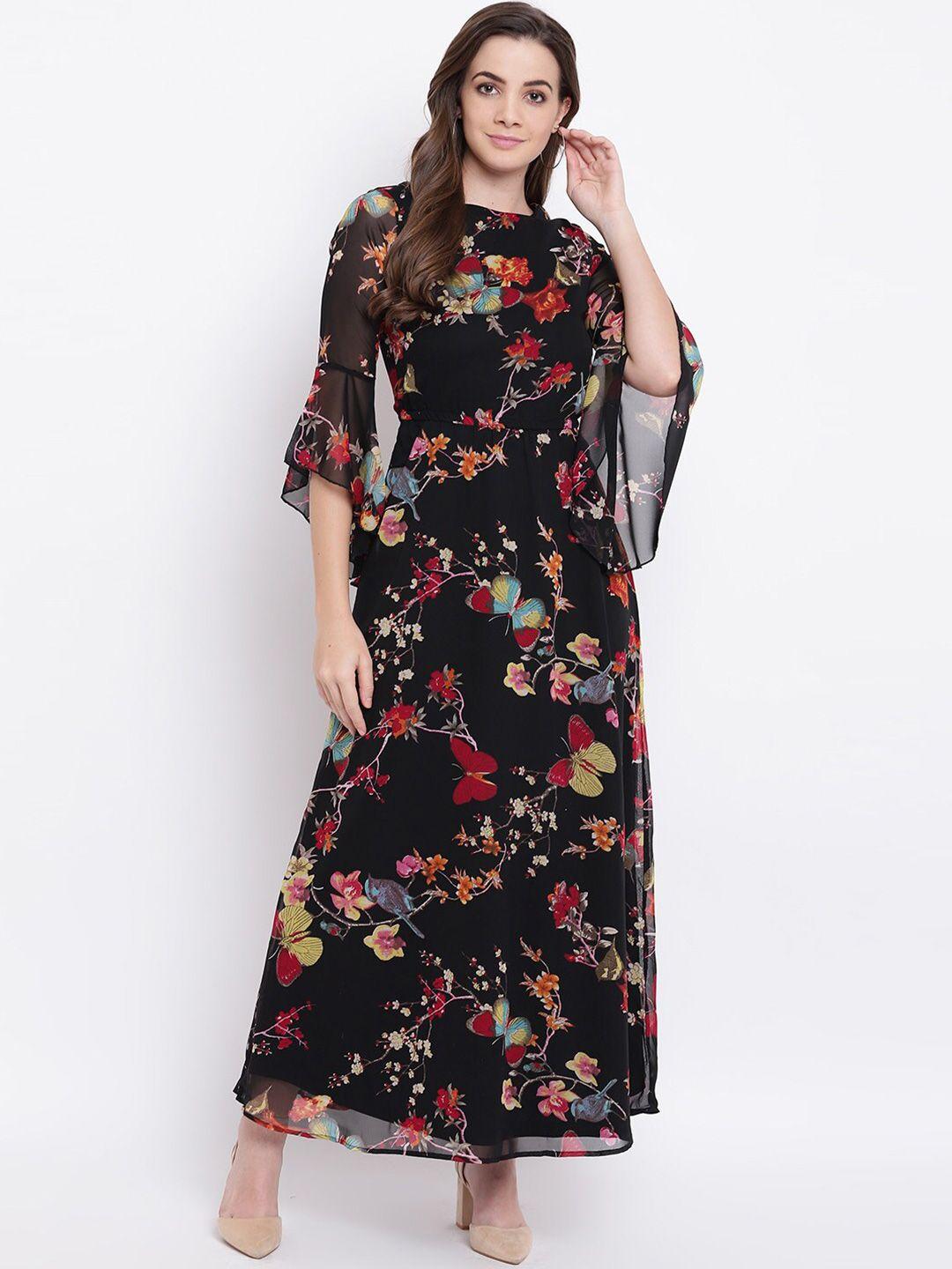 dressberry black floral print bell sleeve georgette maxi dress