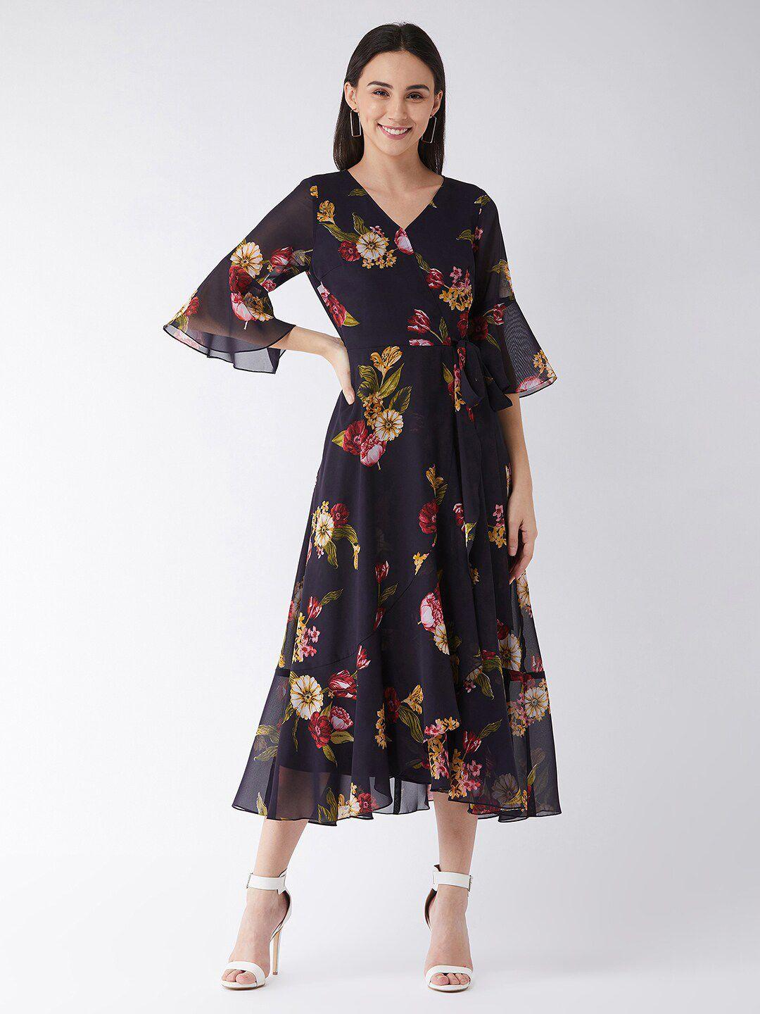 dressberry black floral print v-neck bell sleeve georgette fit & flare midi dress