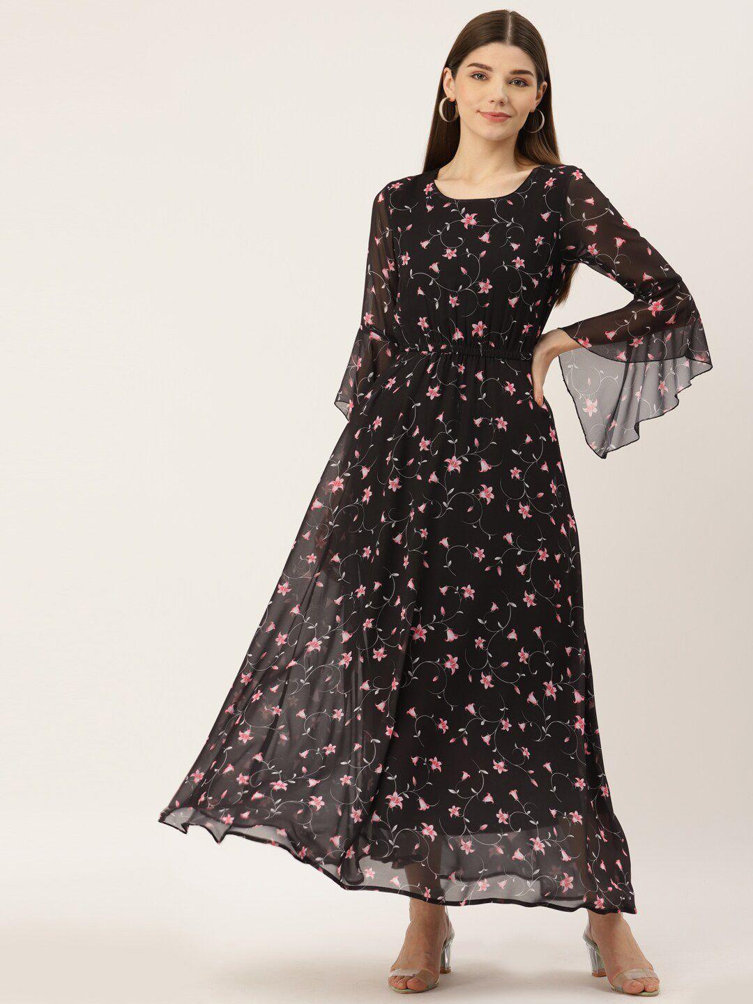 dressberry black floral printed bell sleeves maxi dress