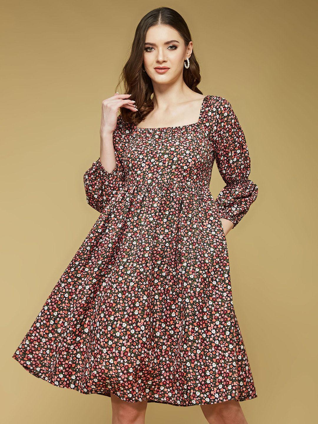 dressberry black floral printed gathered puff sleeves fit & flare dress