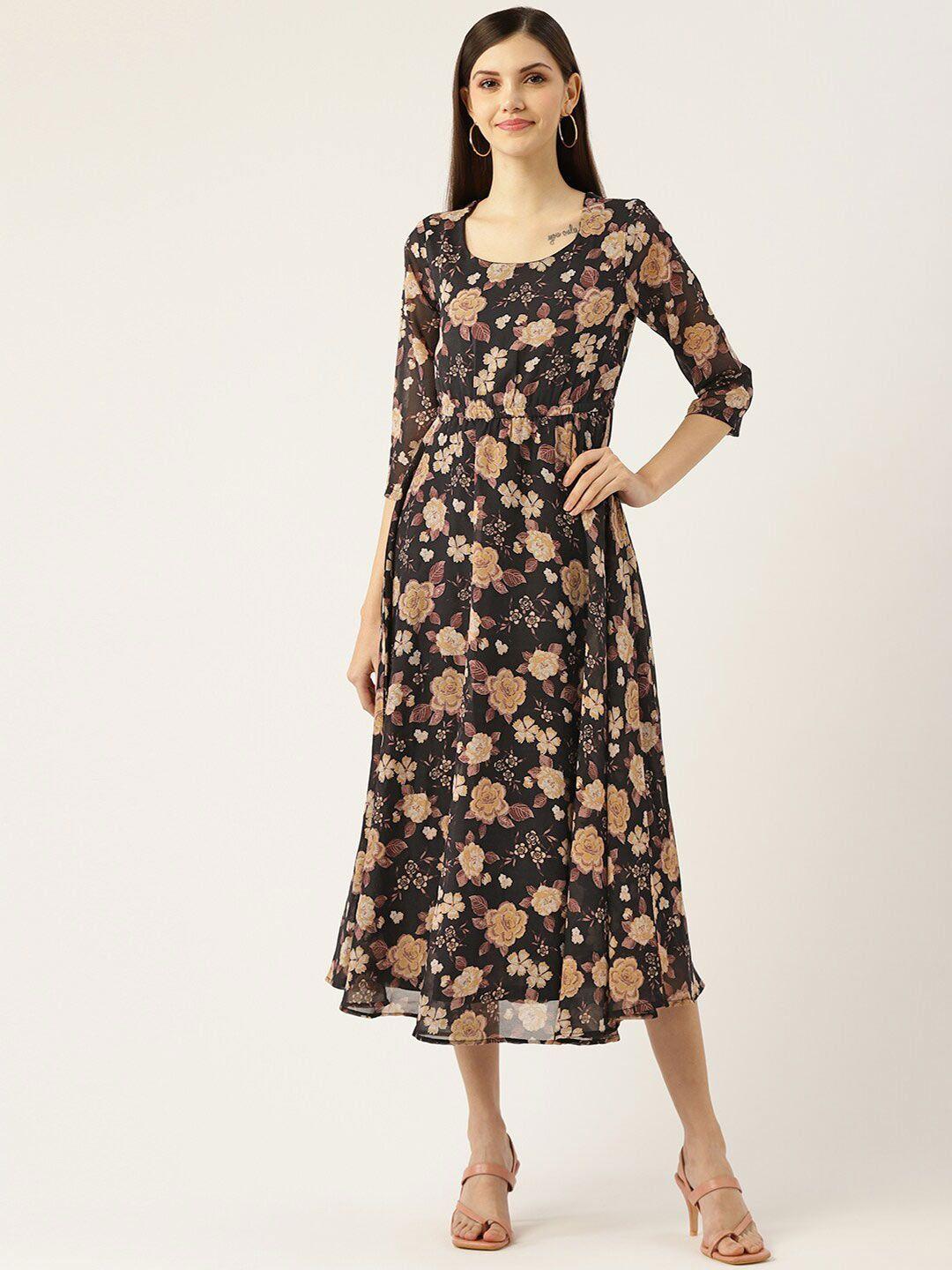 dressberry black floral printed georgette fit & flare midi dress