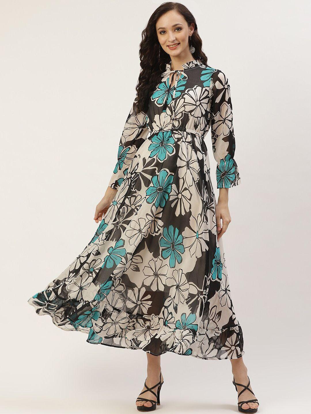 dressberry black floral printed tie-ups neck cuffed sleeves georgette fit & flare dress