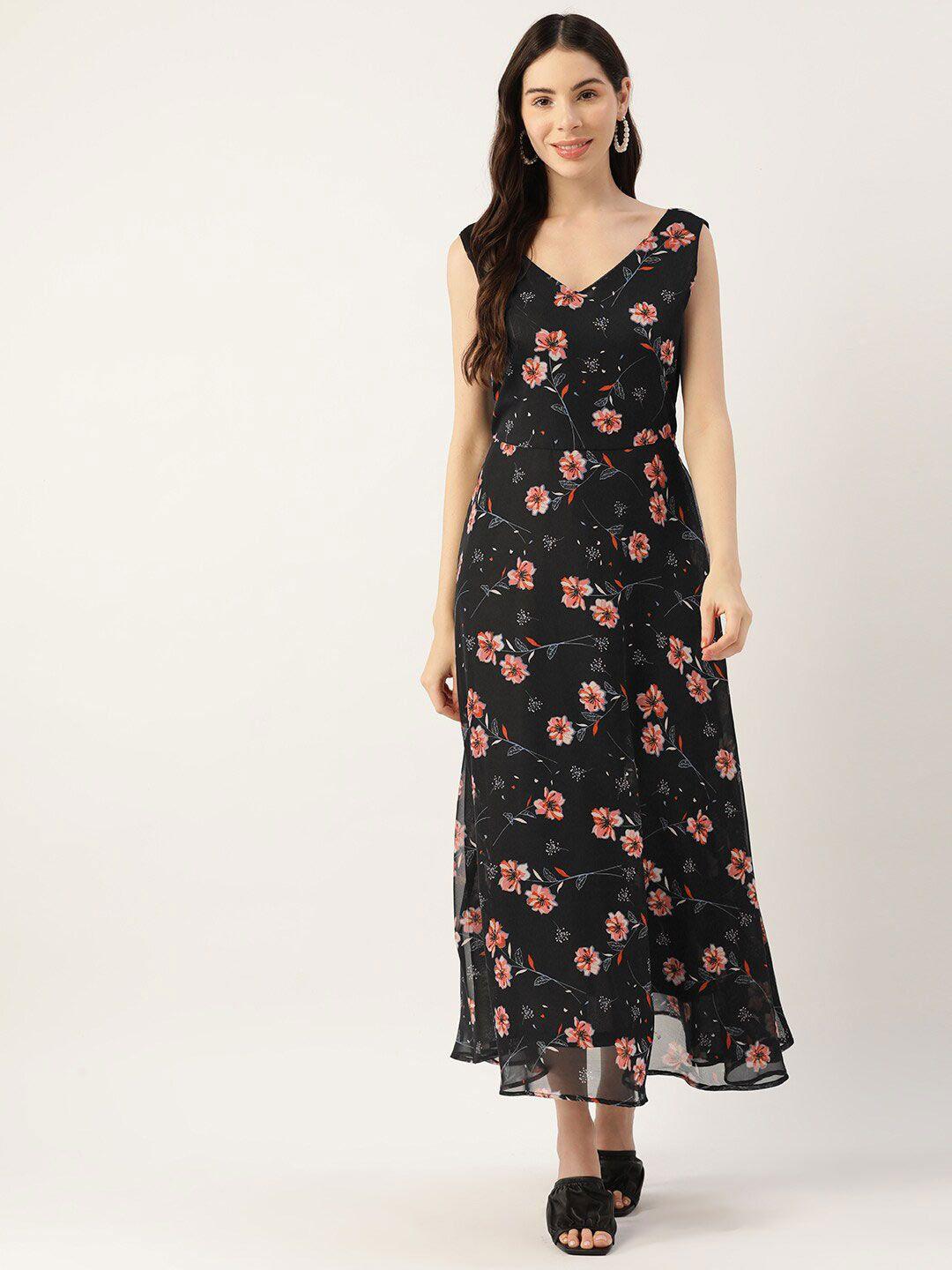dressberry black floral printed v-neck maxi dress