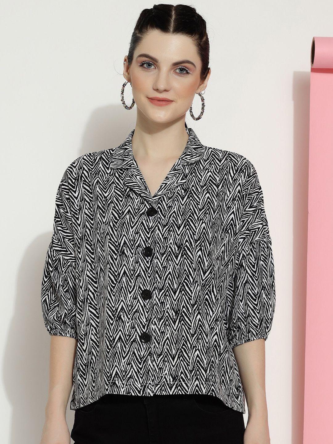 dressberry black geometric print puff sleeve crepe shirt style top