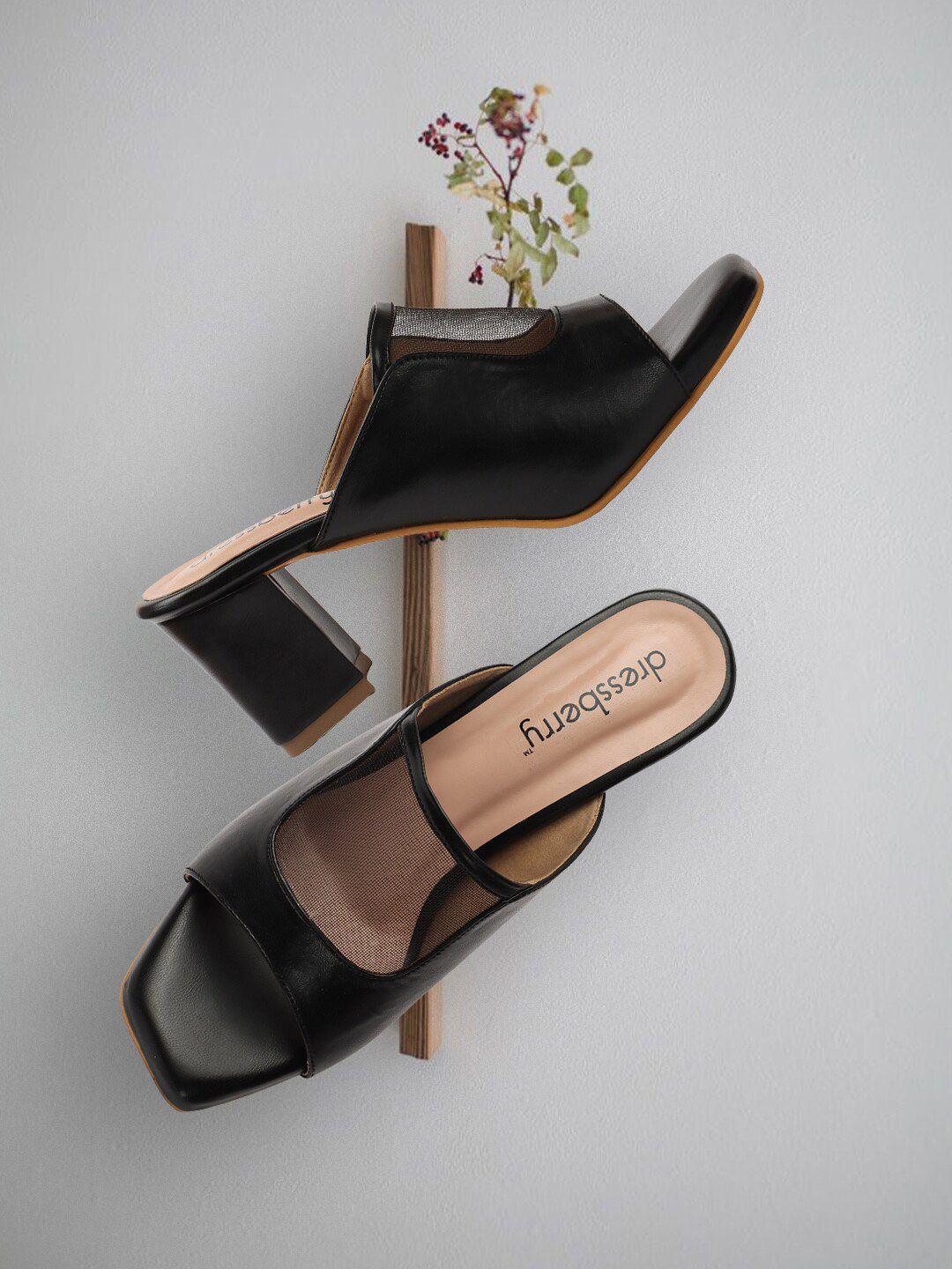 dressberry black laser cuts block heel mules