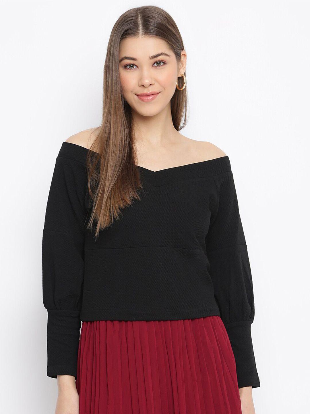 dressberry black off-shoulder long sleeve linen bardot top