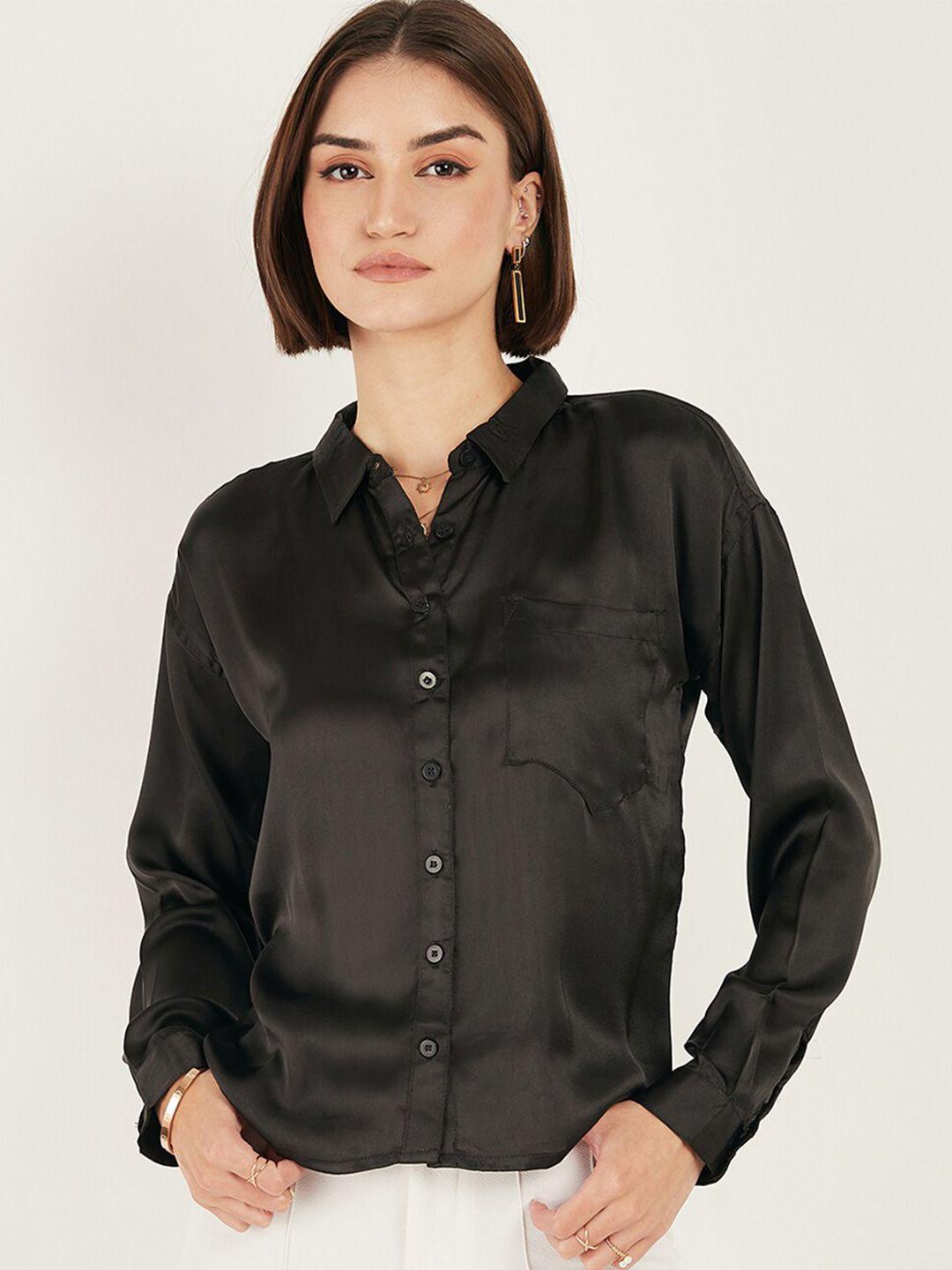 dressberry black opaque satin casual shirt