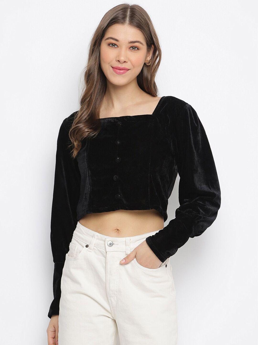 dressberry black square neck long sleeves crop velvet top