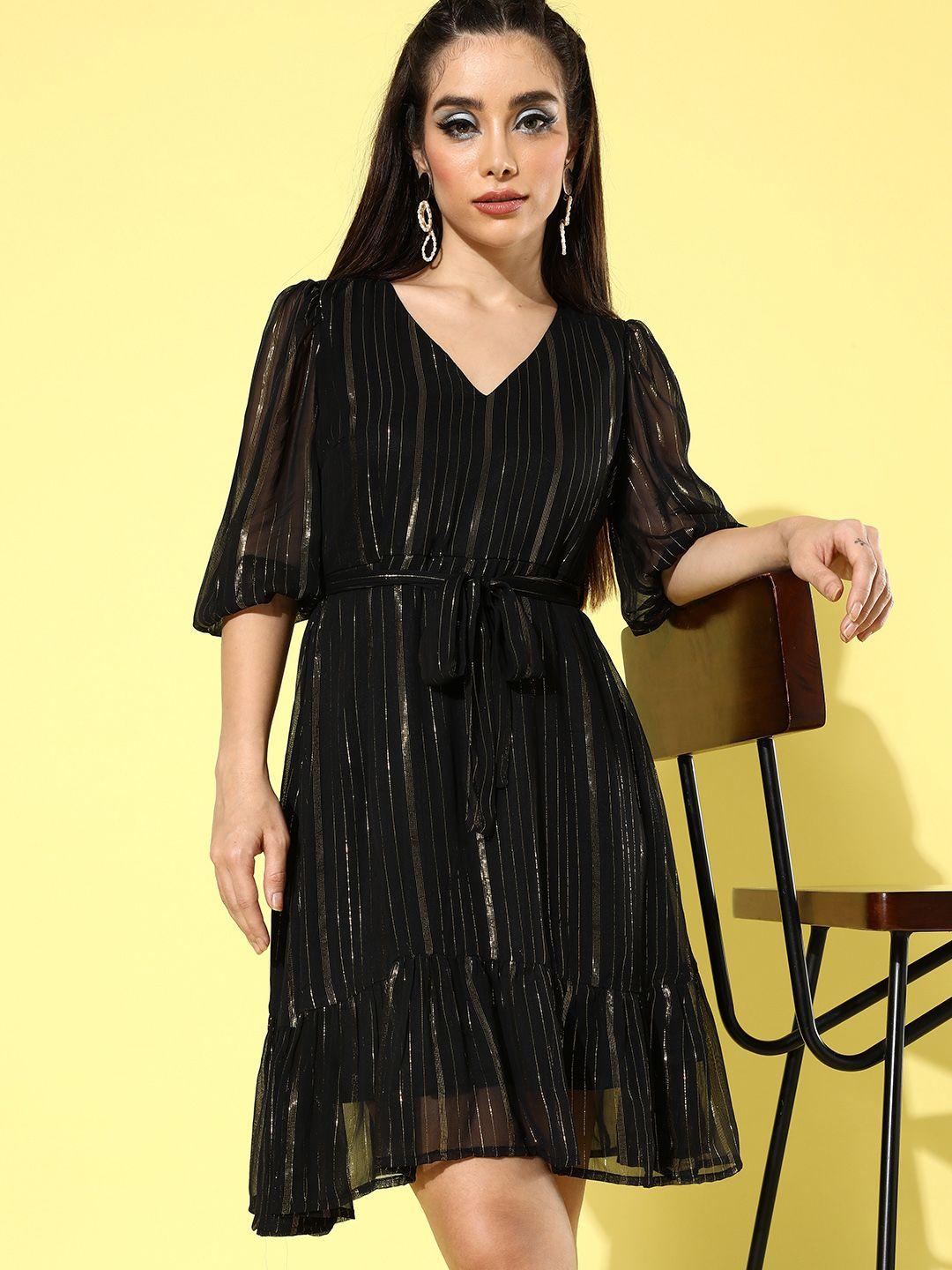 dressberry black striped fit & flare dress