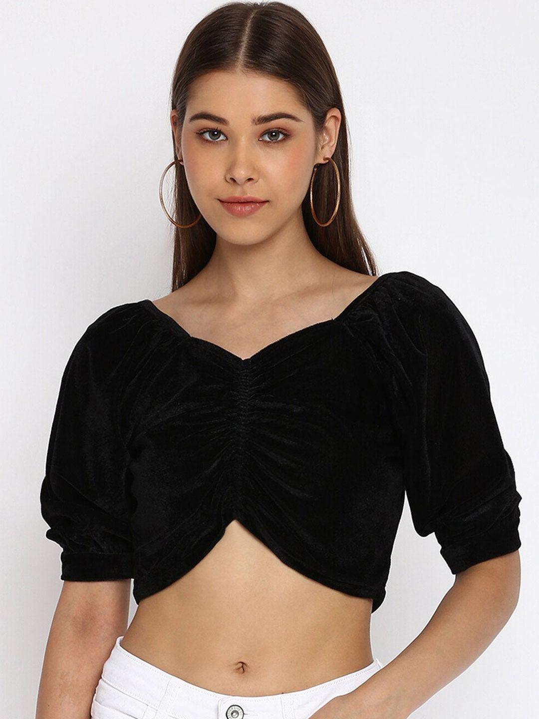 dressberry black v neck puff sleeves fitted crop top