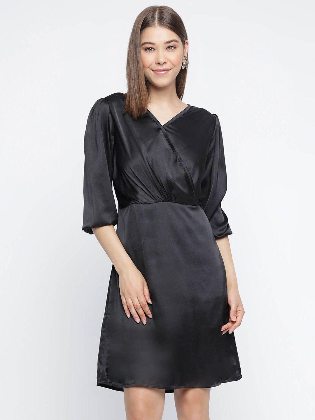 dressberry black v-neck puff sleeves satin a-line dress