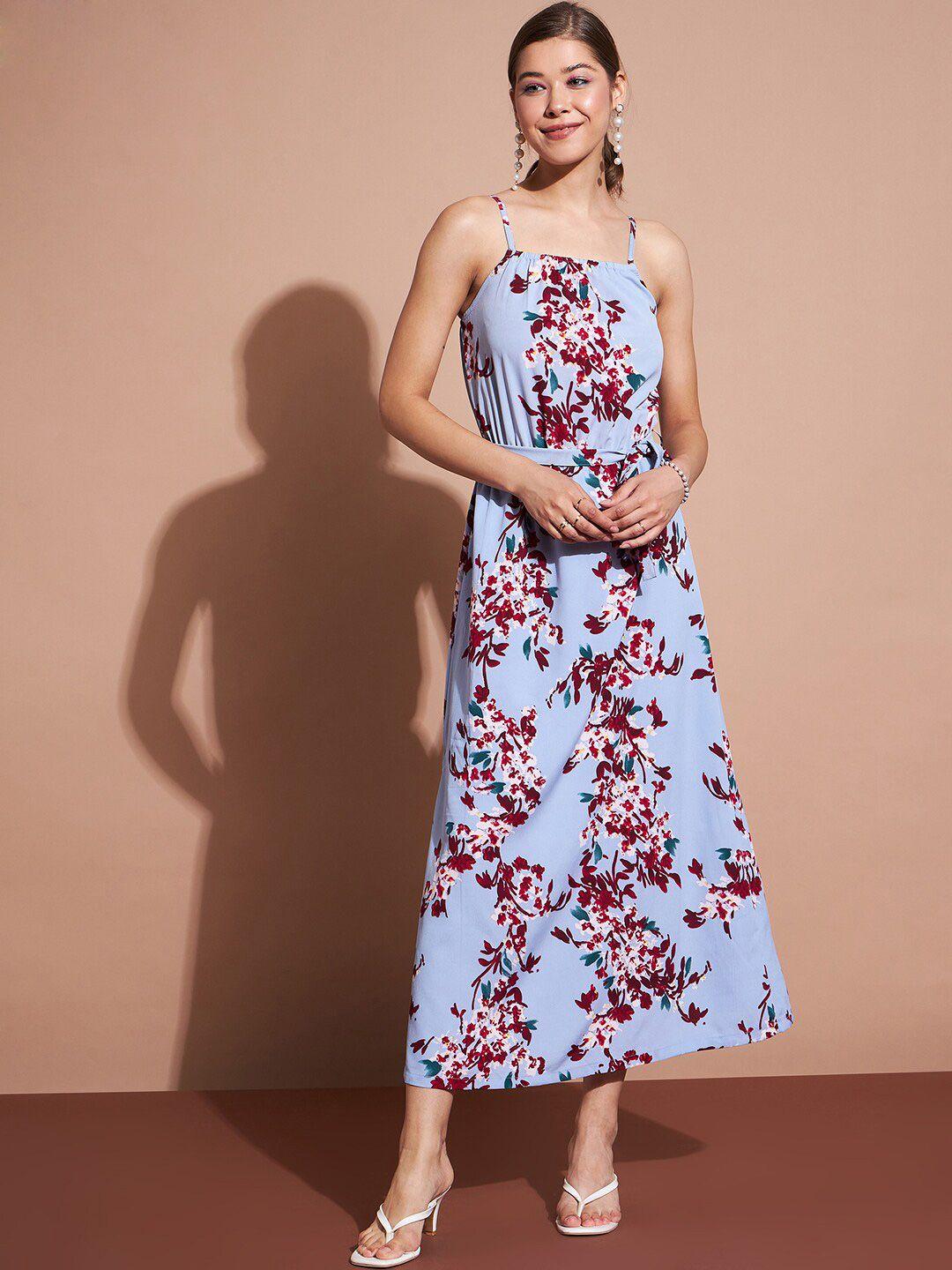 dressberry blue & red floral print shoulder straps midi a-line dress with belt