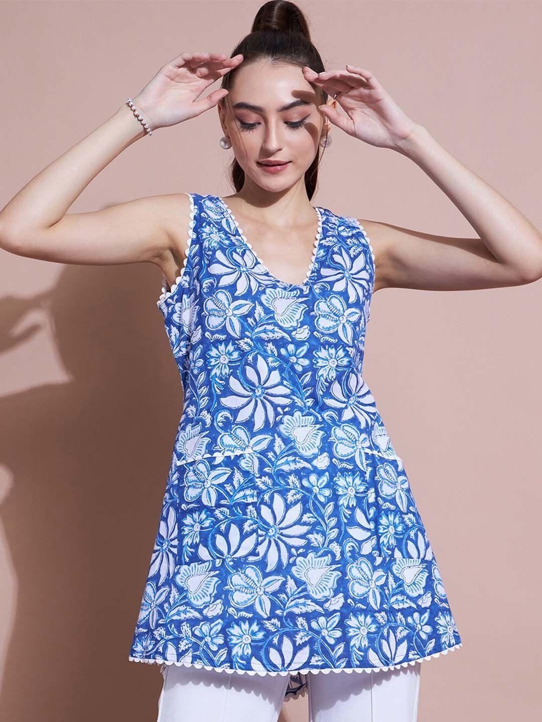 dressberry blue & white floral printed cotton a-line top