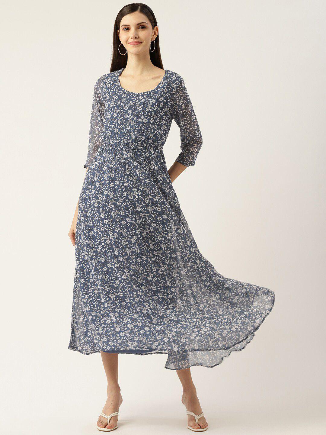 dressberry blue & white floral printed georgette fit & flare midi dress