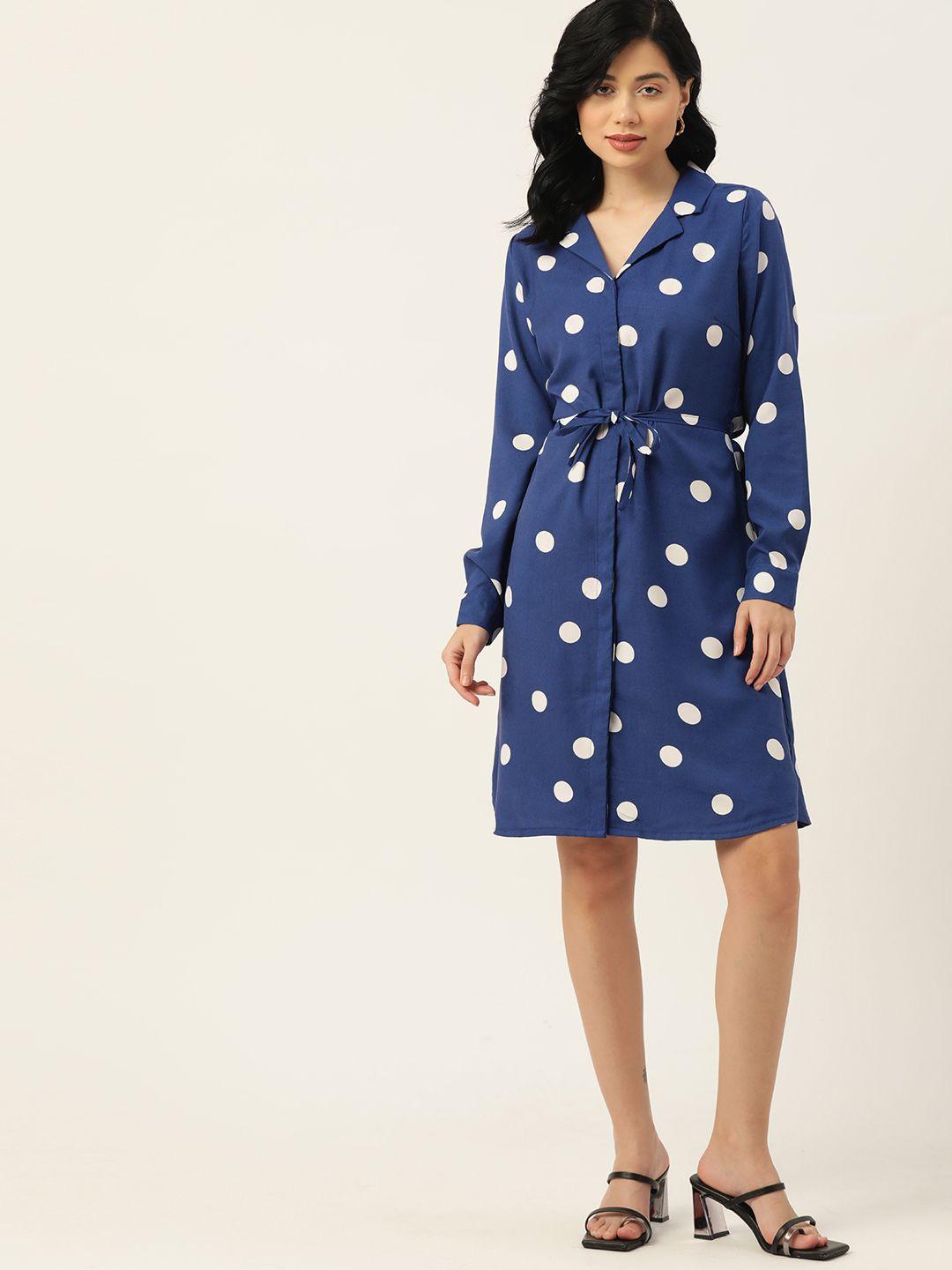 dressberry blue & white polka dots printed shirt dress