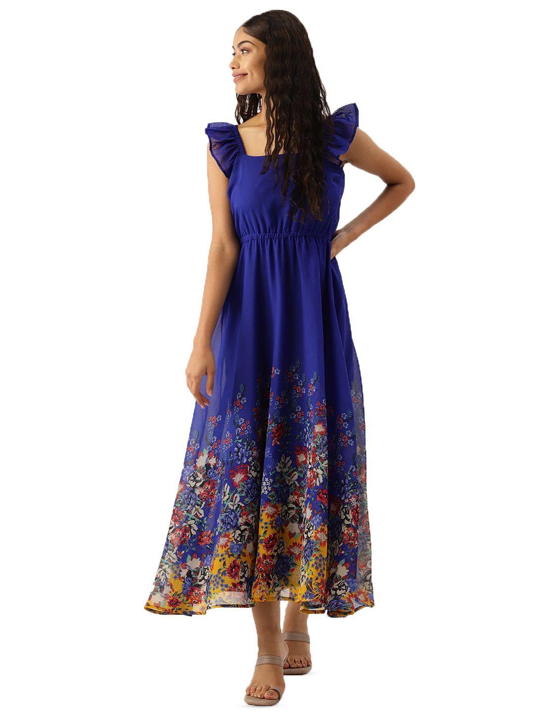 dressberry blue & yellow floral printed flutter sleeves georgette fit & flare dress