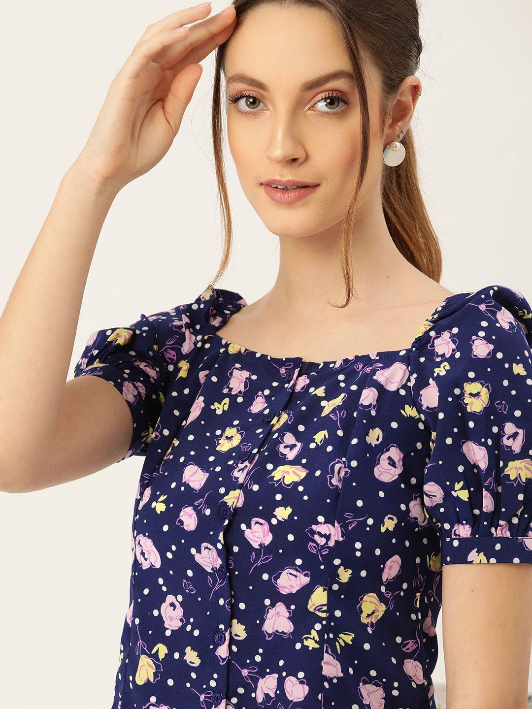 dressberry blue & yellow floral puff sleeve regular top