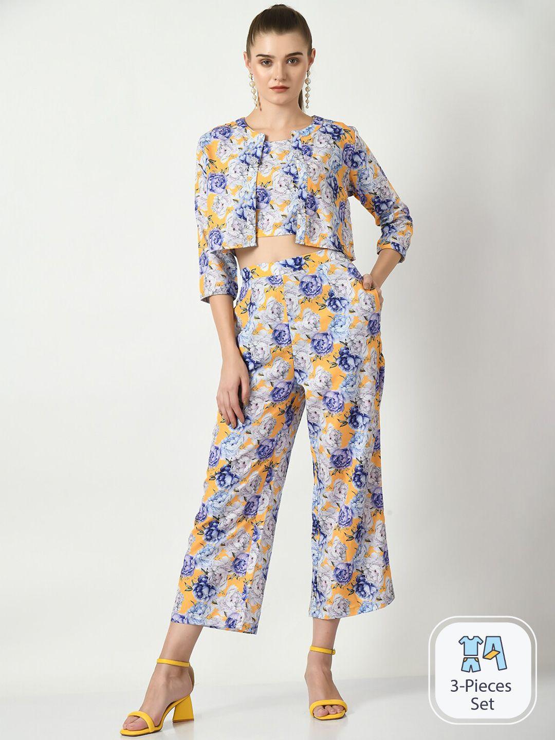 dressberry blue & yellow printed linen top with palazzos & jacket