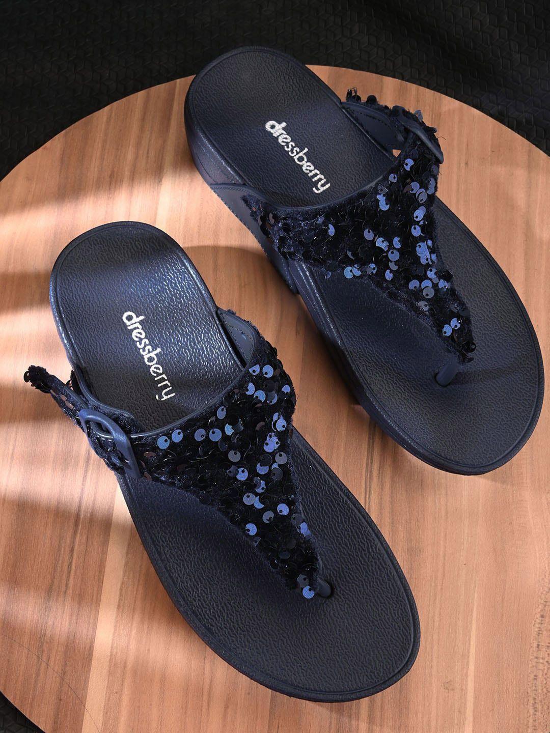 dressberry blue embellished open toe t-strap flats