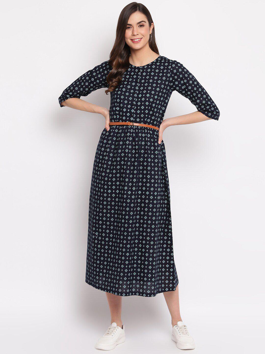 dressberry blue ethnic motifs printed a-line midi dress