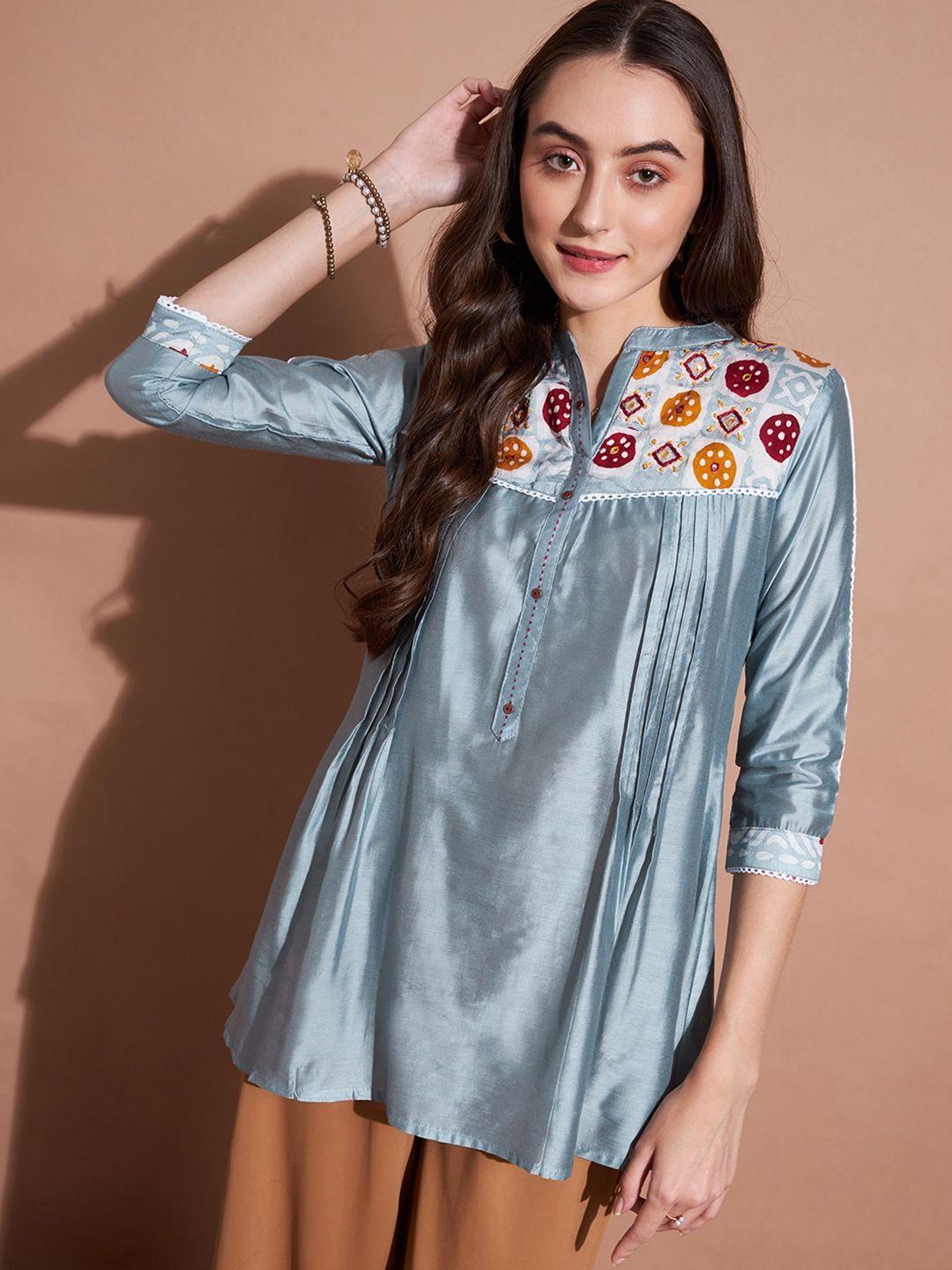 dressberry blue floral embroidered mandarin collar longline top