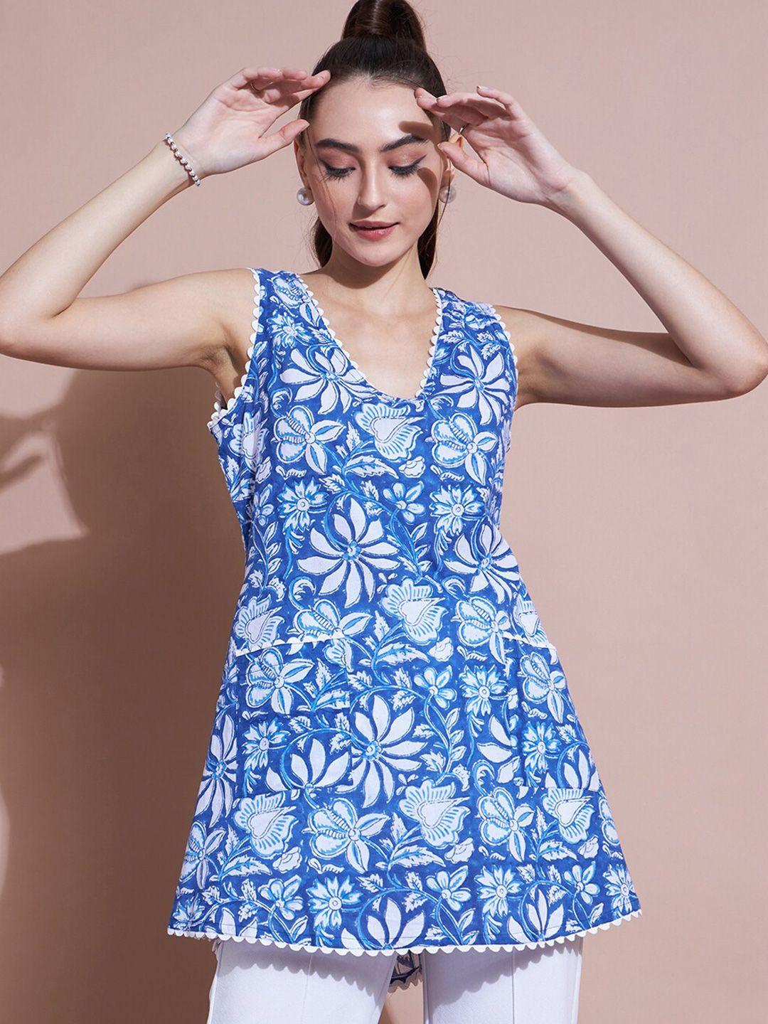 dressberry blue floral print cotton fit & flare dress