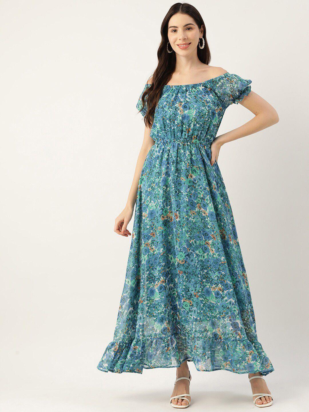 dressberry blue floral printed off-shoulder puff sleeve fit & flare dress