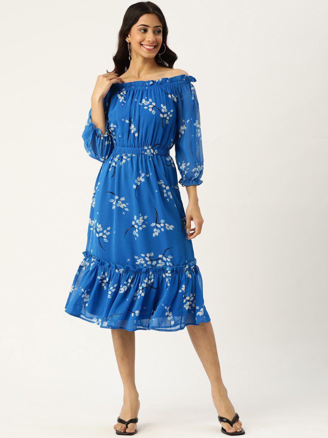 dressberry blue floral printed off-shoulder puff sleeve fit & flare midi dress