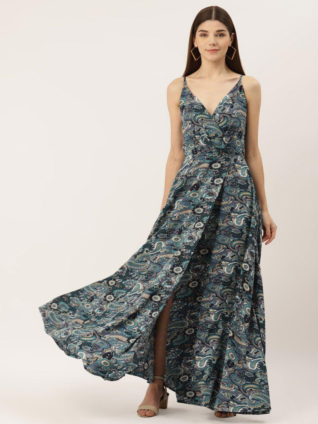 dressberry blue floral printed v-neck a-line dress