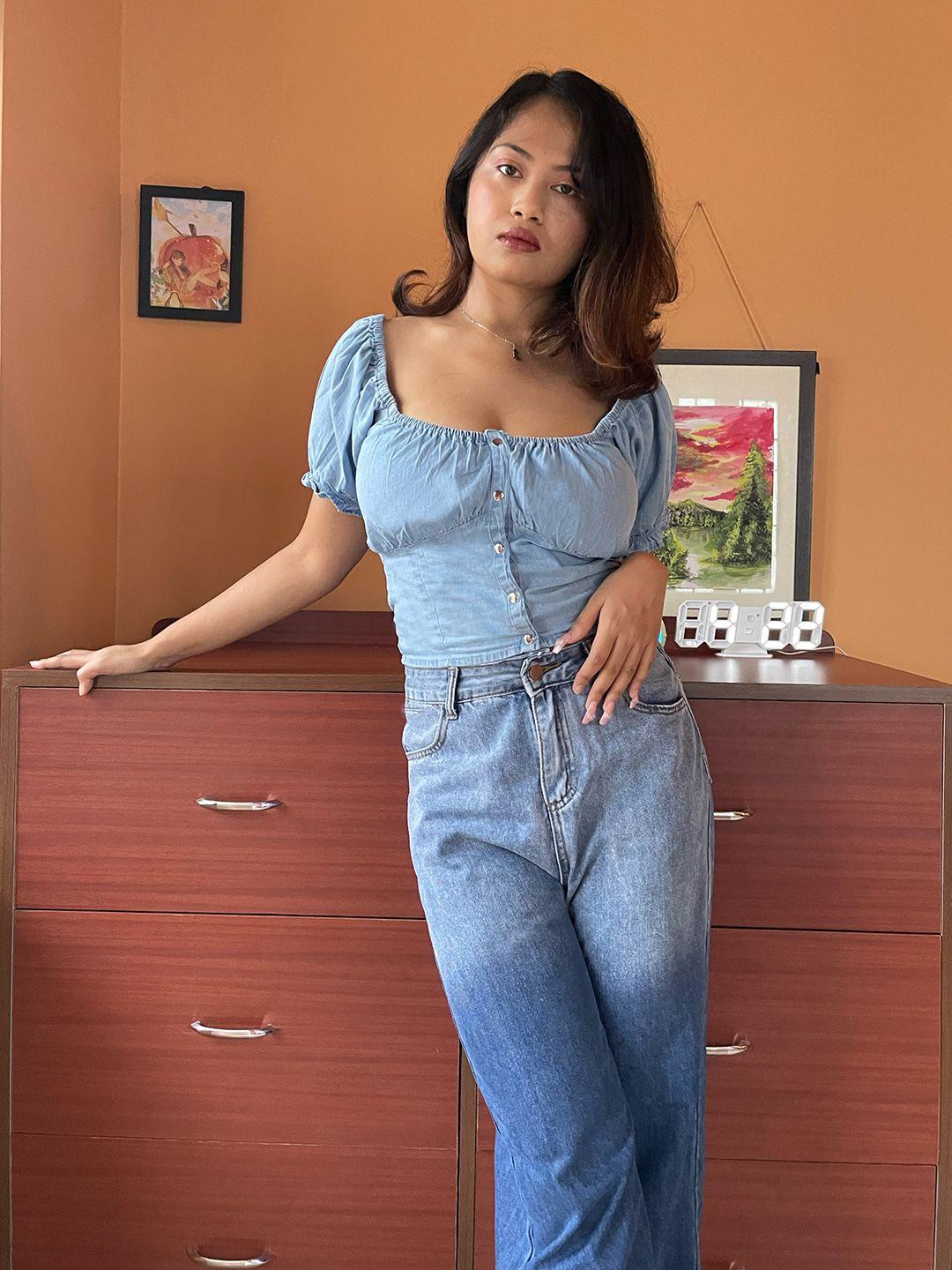 dressberry blue puff sleeves denim crop top