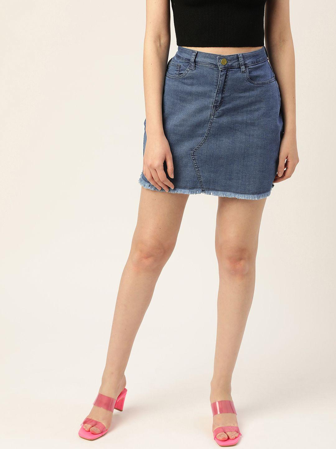 dressberry blue straight mini high rise skirt with raw edges