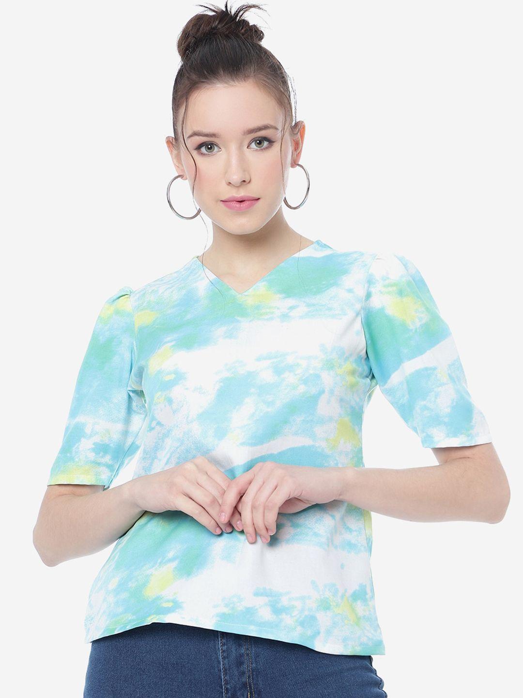 dressberry blue tie and dye printed v-neck puff sleeves top