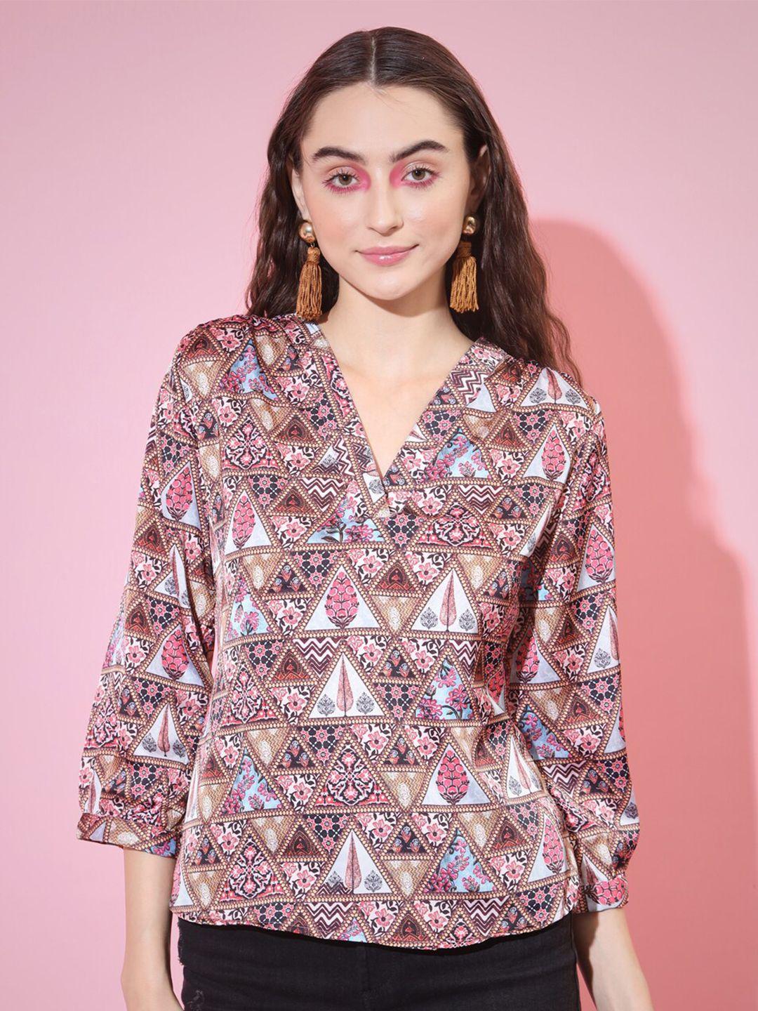 dressberry brown & pink ethnic motifs printed satin shirt style top
