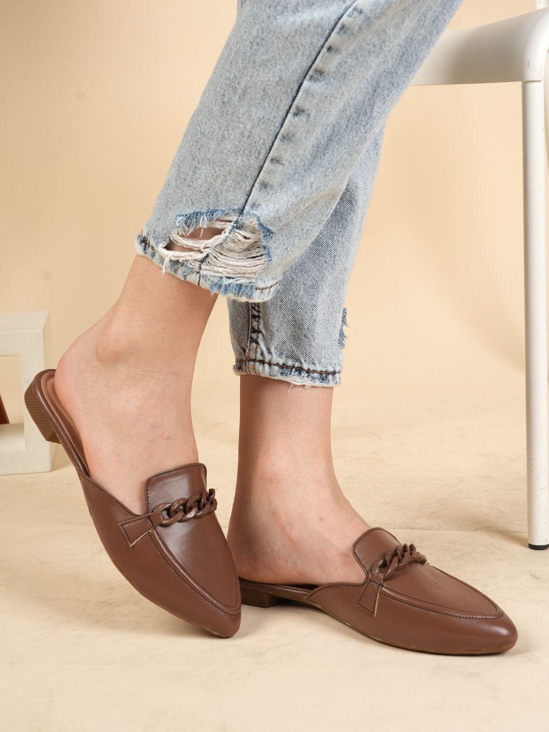 dressberry brown chain embellished pointed toe mules