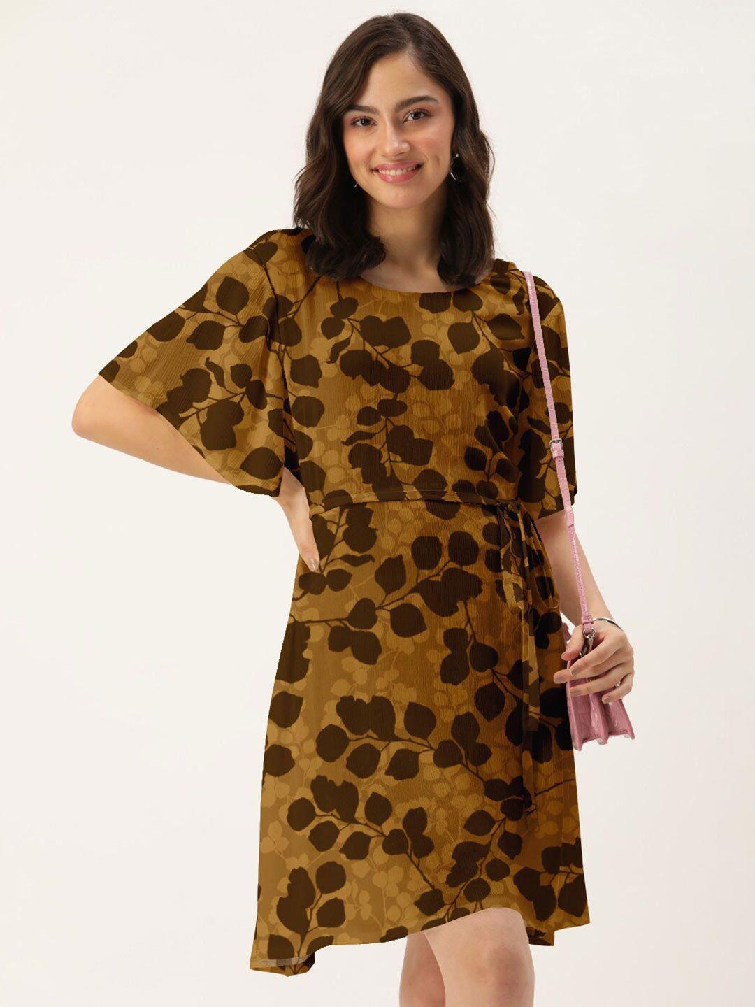 dressberry brown floral crepe a-line dress