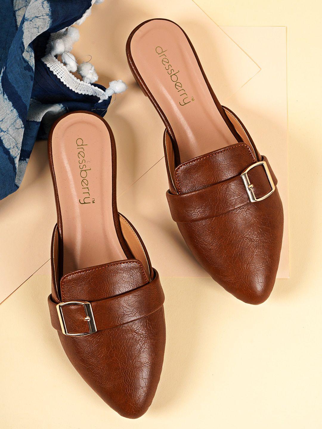 dressberry brown textured buckled pointed toe mules