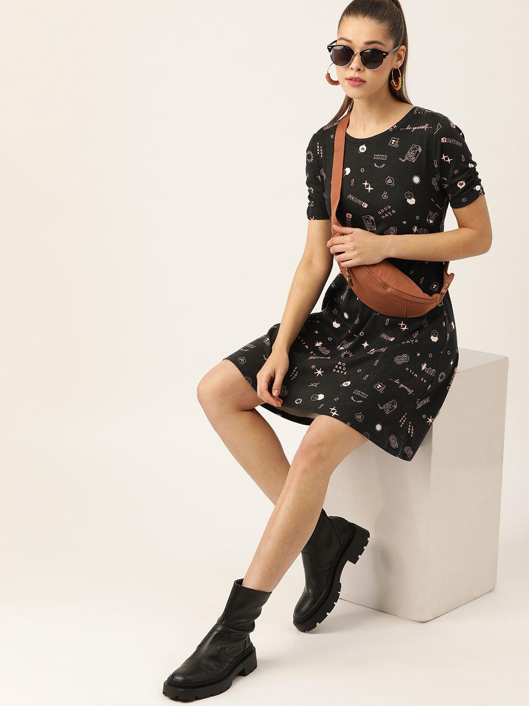 dressberry charcoal & pink conversational printed a-line dress