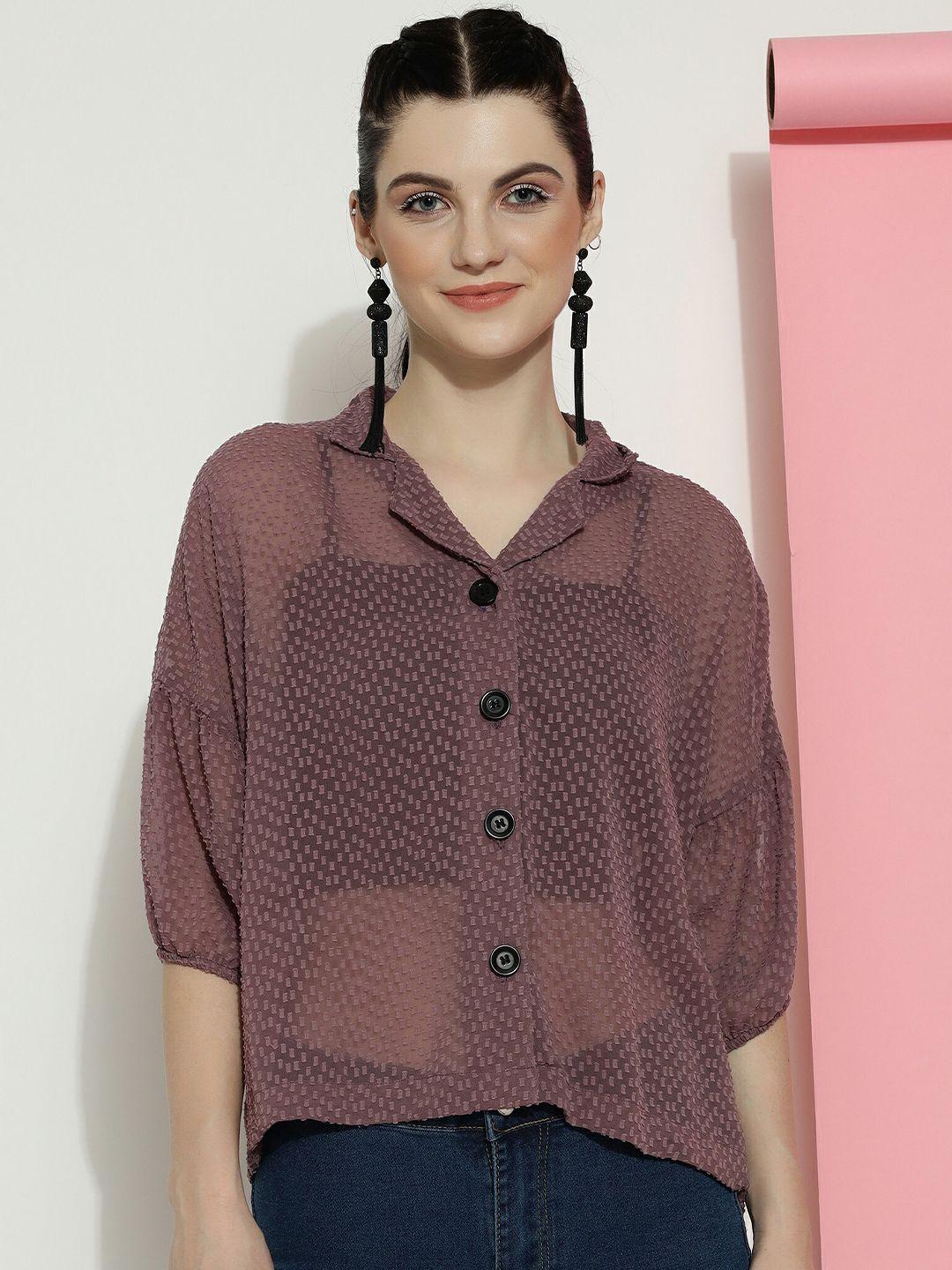 dressberry coffee brown geometric print extended sleeves georgette shirt style top