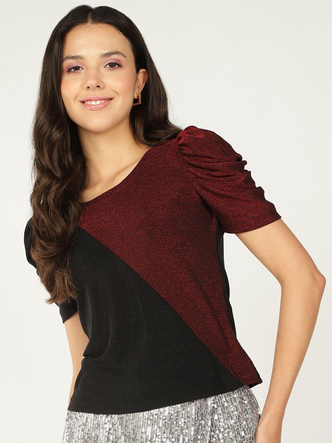 dressberry colourblocked puff sleeve shimmer top