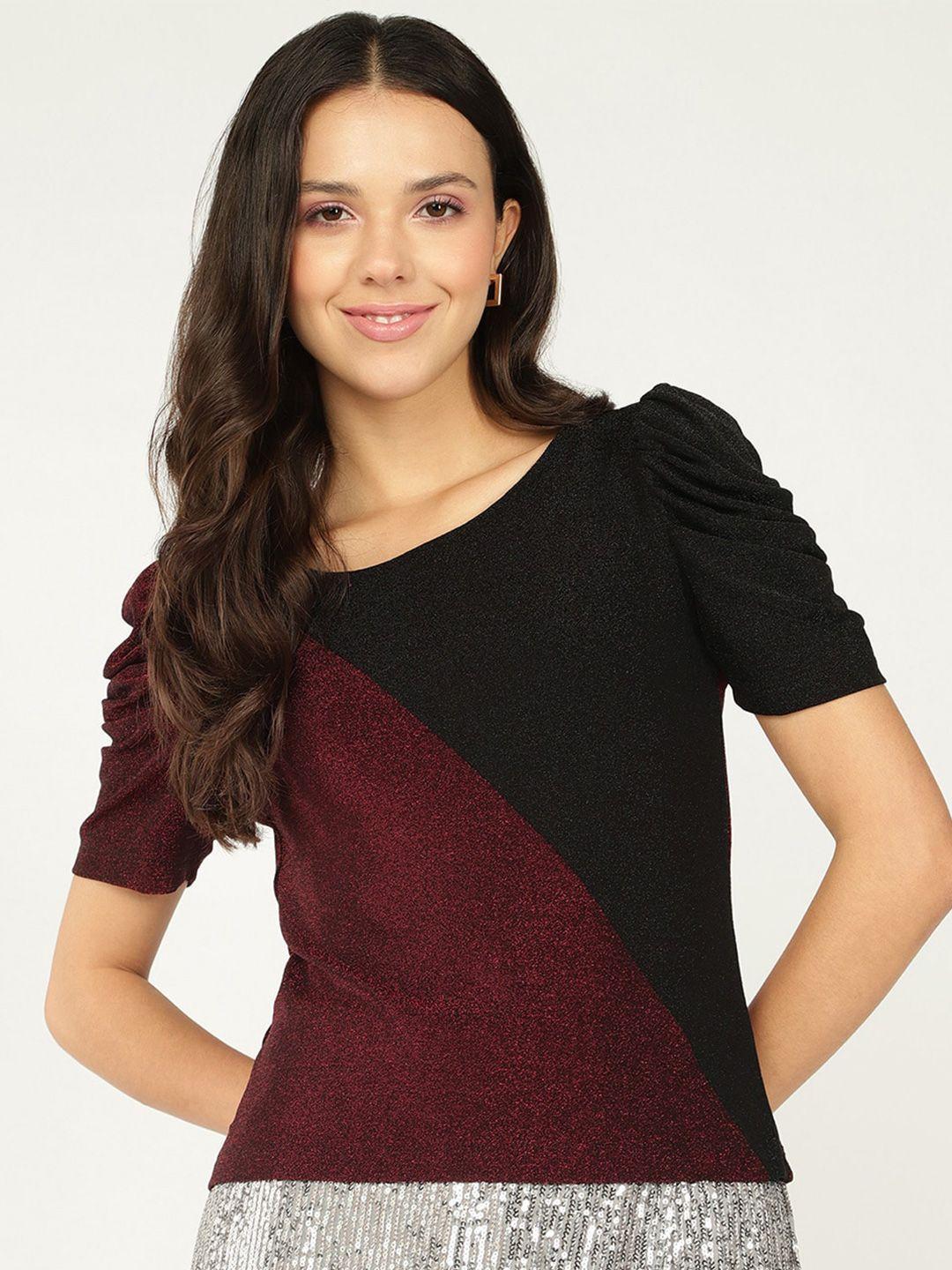 dressberry colourblocked puff sleeve shimmer top