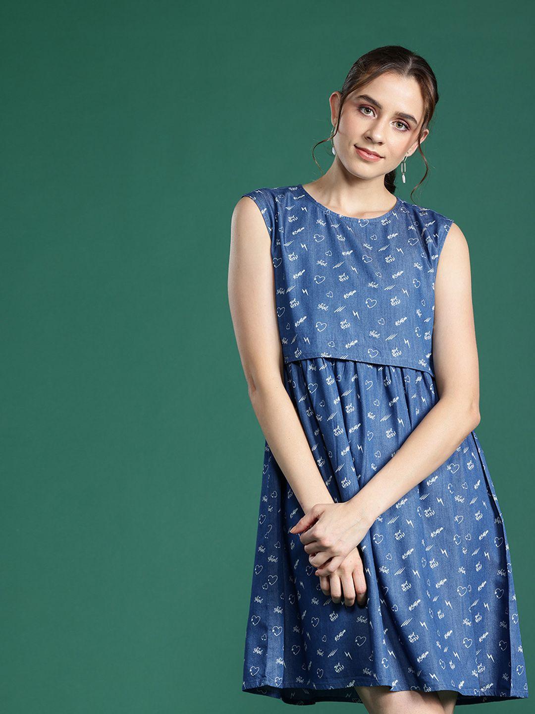 dressberry conversational print denim a-line dress