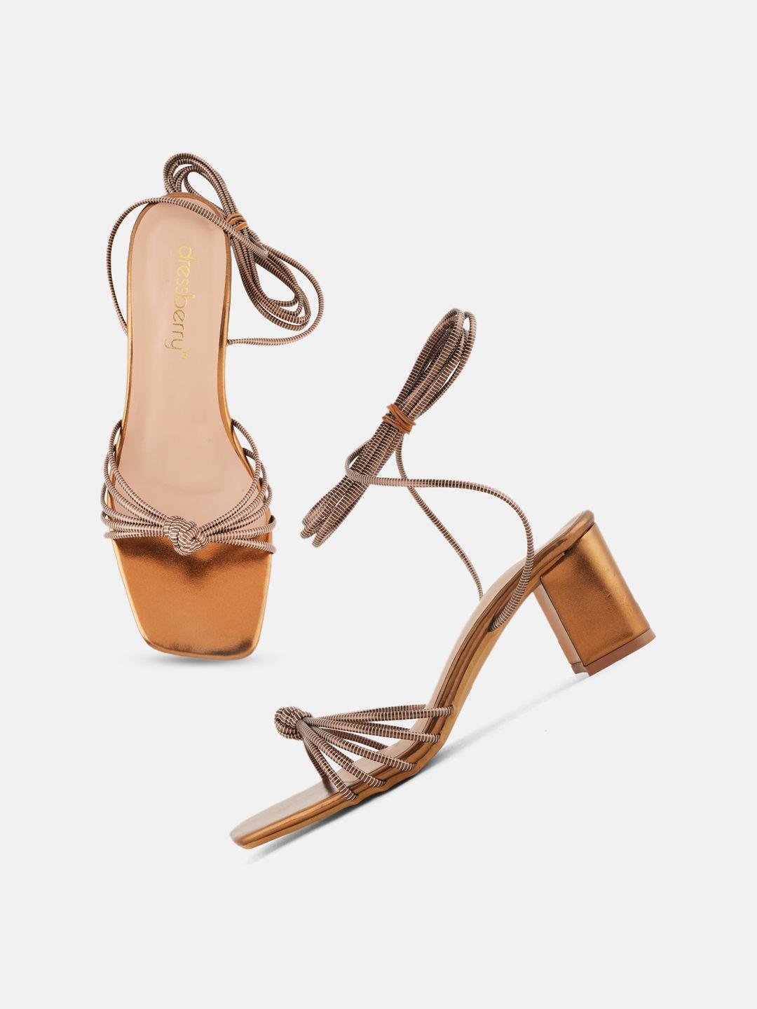 dressberry copper-toned textured strappy block heel gladiators