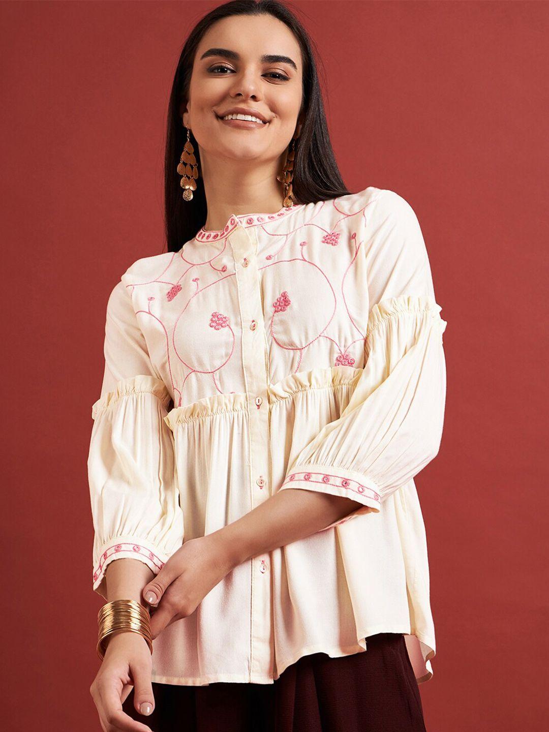 dressberry cream & pink embroidered pure cotton a-line top