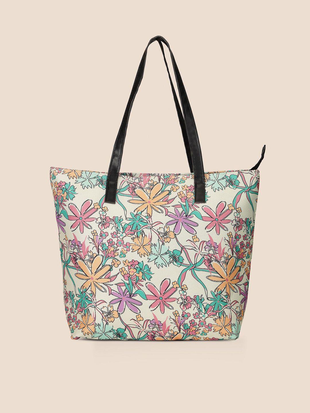 dressberry cream-color & pink floral printed shopper tote bag